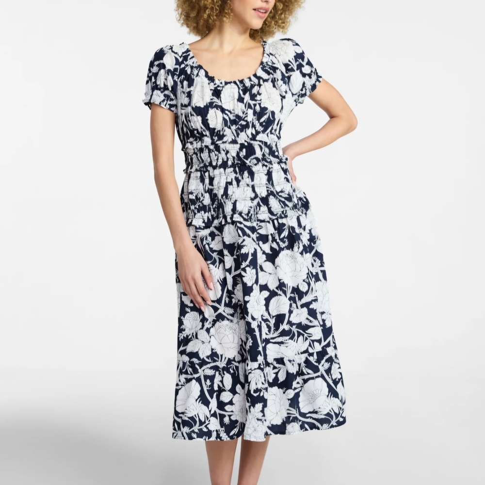 NWT Time and Tru Smocked Cotton Peasant Midi Dress Floral Navy White S
